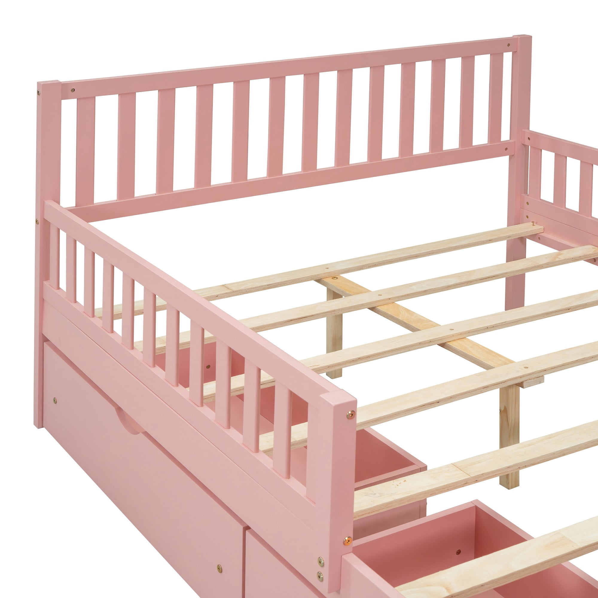 Aukfa Full Size Platform Bed with Storage Drawers and Safe Rails, Wood Bed Frame, Pink