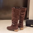 thumbnail image 6 of Knee High Boots for Women Wide Calf Sweater Knitted Ruched Comfortable Tall Boots Fashion Side Zipper Low Heel Slouch Buckle Straps Motorcycle Riding Boot Round Toe Vintage Winter Boot, 6 of 8