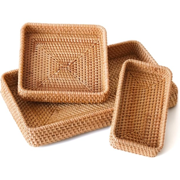 Set de 3 Bandejas Rectangulares de Ratán Natural Tejido a Mano – Cestas de Almacenamiento y Organización para Cocina, Baño y Decoración del Hogar