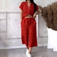 thumbnail image 3 of Uootdi Two Piece Sets for Women Summer Notched Neck Roll Cuff Sleeve Blouse High Waist Capri Pants Trendy Daily Outfits, 3 of 5