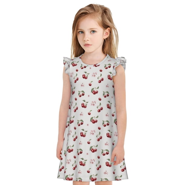 Fotbe Cherry Berries Vestido de Dormir para Niñas de 3 a 10 Años, Mangas Cortas, Estilo Princesa, Pijama Camisón con Mangas Voladas-Small