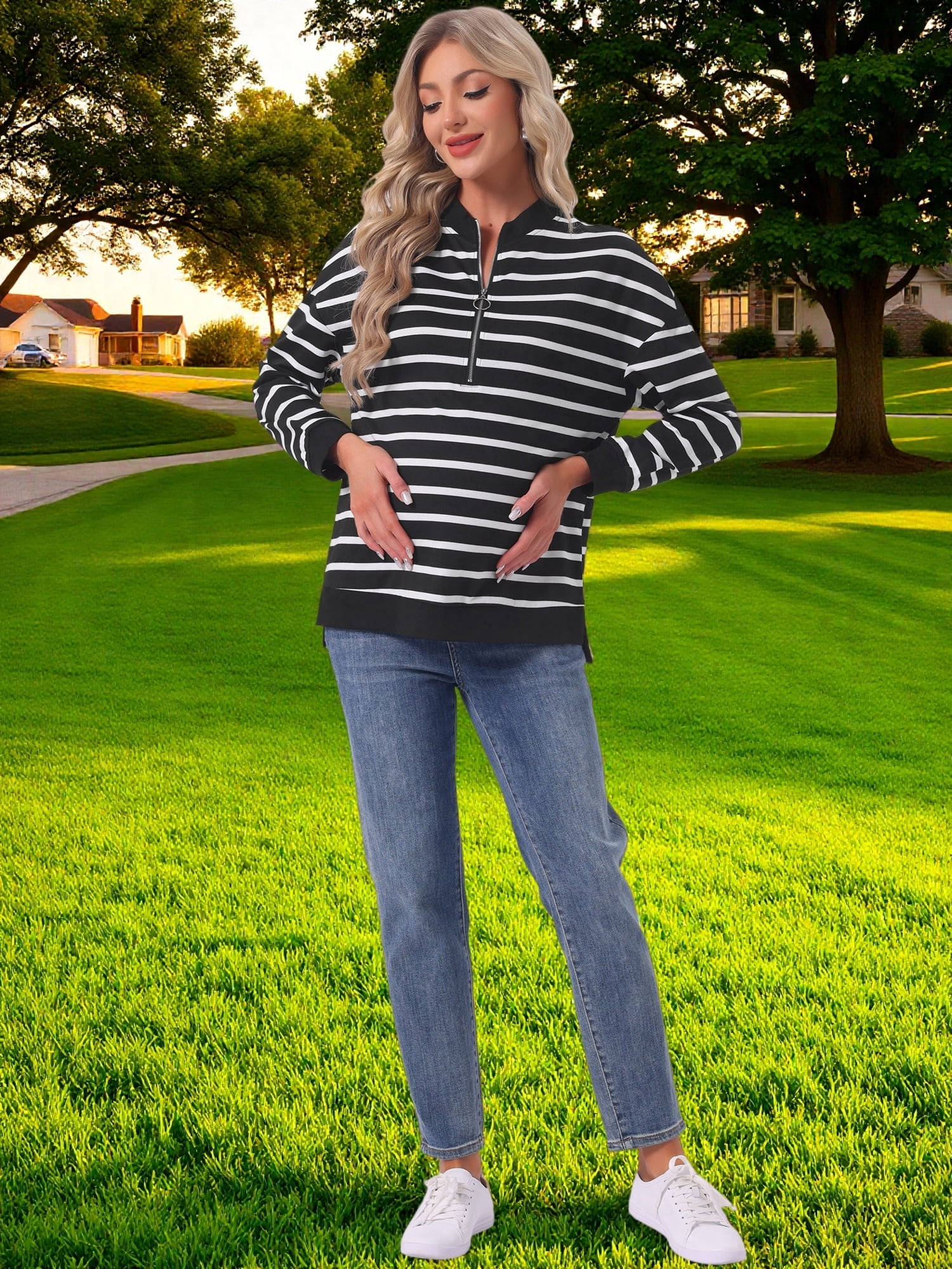 DARING DIVA Women's Maternity Mock Neck Long Sleeve Half Zip Sweatshirt XL White Stripe