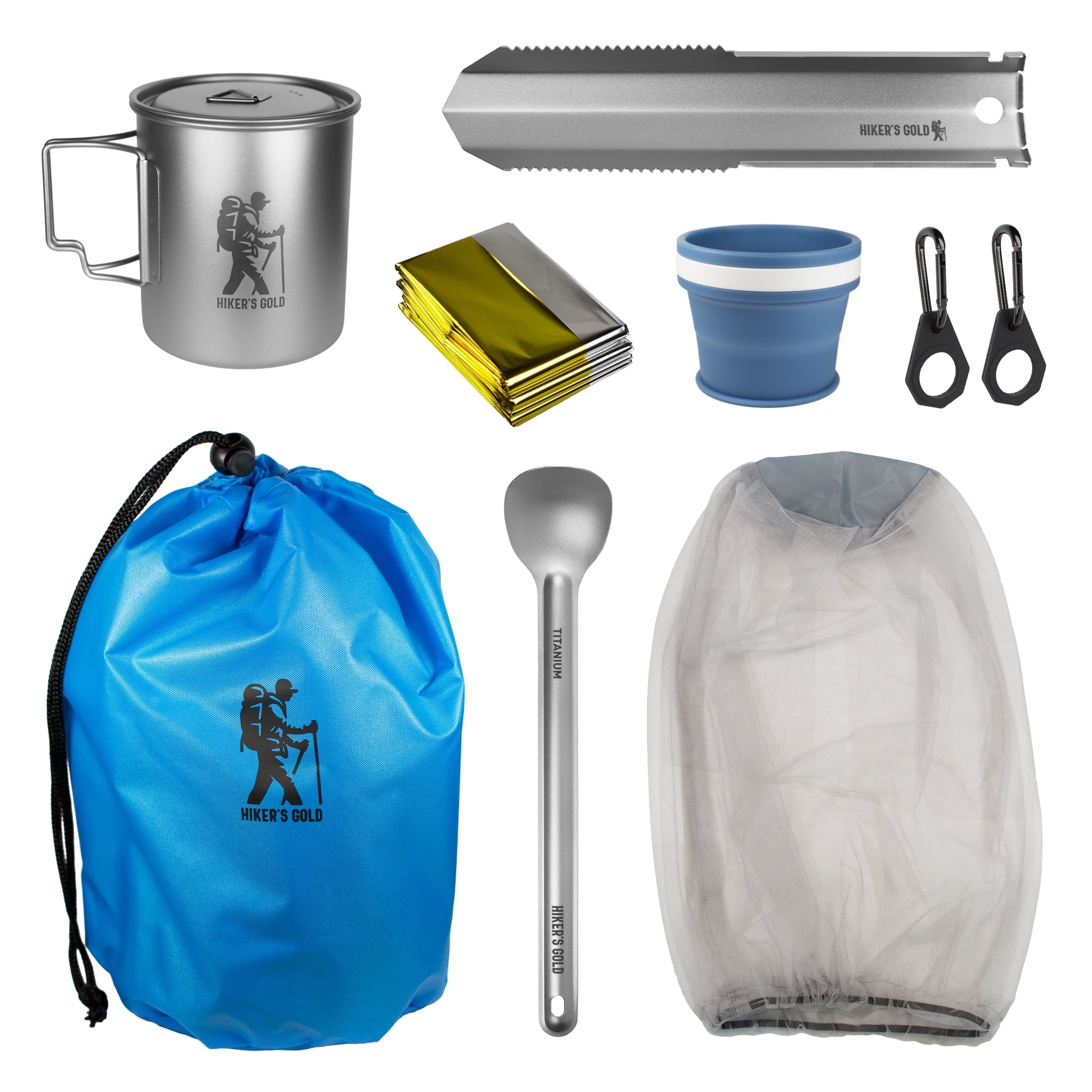 Hiker's Gold Backpacking Essentials Kit, 9-Piece Ultralight Camping Gear Set with Titanium Pot, Spoon and Trowel