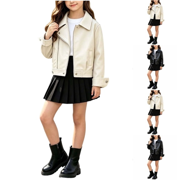 Kids Solid Zip up Faux Leather Jacket Lapel Long Sleeve Moto Coat Fashion Casual Outdoor Outerwear for Girls Black 1-2 Years