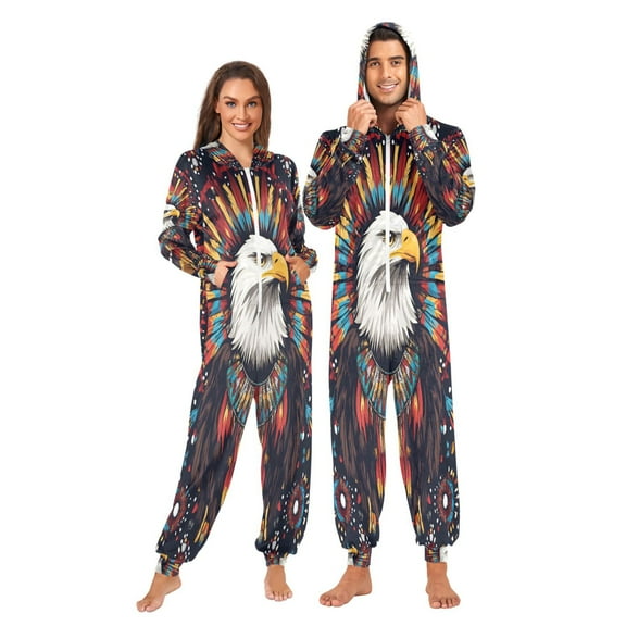 FORMRS Onesies Pajama for Adults Unisex Hoodie Winter Jumpsuit One Piece Sleepwear, Sizes S-2XL, Brown Abstract Eagle