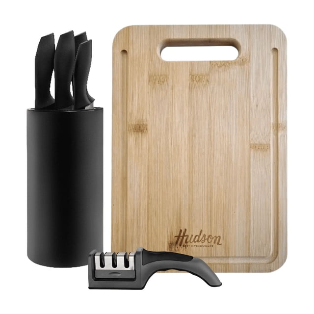 Combo Hudson: Set 4 Cuchillos Antiadherentes + Afilador 3 Tiempos + Tabla Bambú