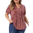 thumbnail image 4 of Agnes Orinda Women's Plus Size Floral Printed Tops Notched V Neck Short Sleeves Casual Summer Blouses 2X Wine Red, 4 of 6