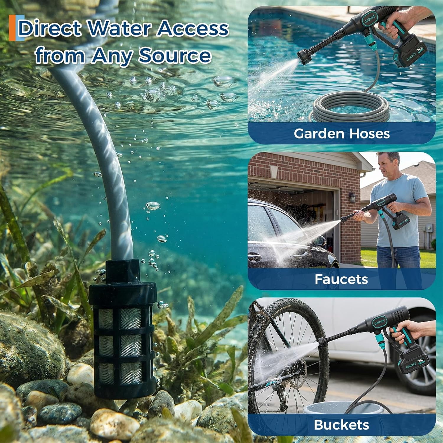 Pressure Washer Battery Powered Cordless with 6-in-1 Nozzle, 26FT High-Elastic Hose, 20 V Battery & Charger; Portable Handheld Cleaner for Home, Car, Garden