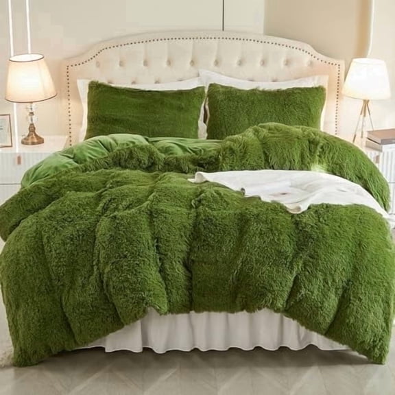 EMME Plush Shaggy Duvet Cover Set King Size 3 Pieces Luxury Fuzzy Comforter Cover Set, Soft Faux Fur Fluffy Winter Bedding Set (Green, King )