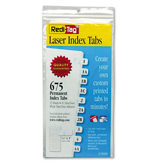 Redi-Tag Laser Printable Index Tabs 7/16 x 1 White 675/Pack 39000