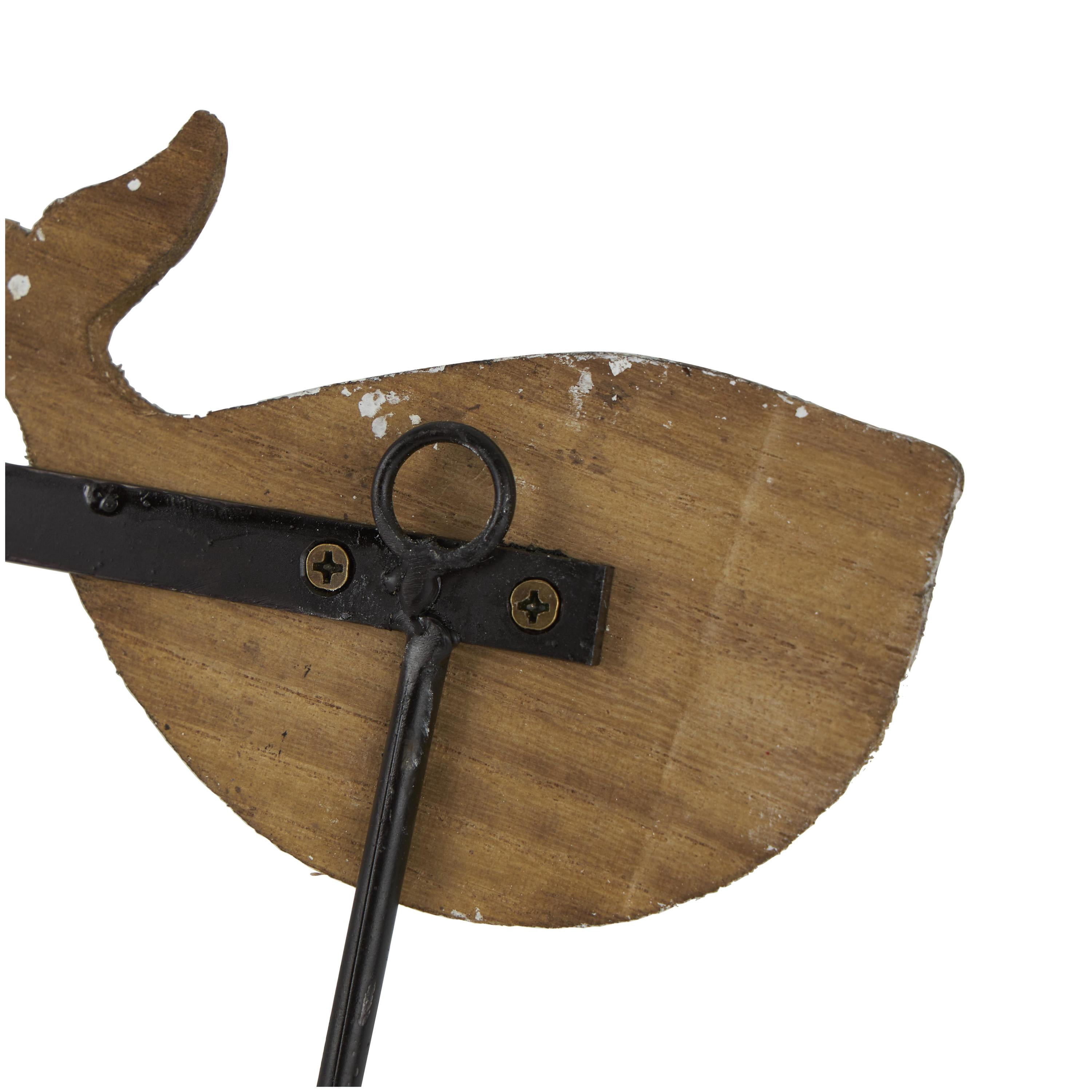 DecMode 18" x 8" Beige Wood Handmade Distressed 3 Hanger Whale Wall Hook with Black Metal Accents and Wood Ball Details, 1-Piece