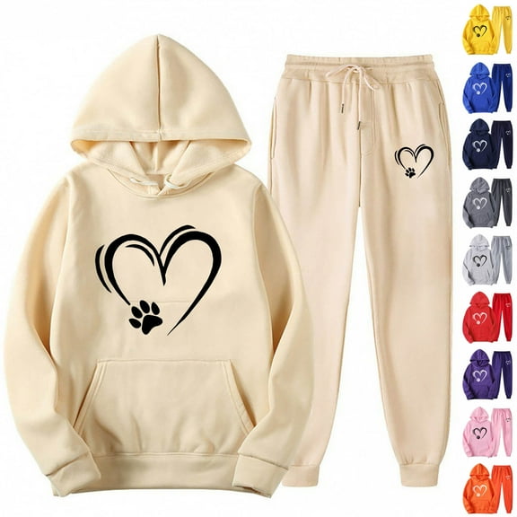 USSUMA Jogger Sets for Women 2 Piece Women Hoodies Long Sleeved Pullover Sweatpant Outfits Pocket Drawstring Print Tracksuit Stretch Waist Trendy Jogger Sets Plus Size Vacation Fall Suit