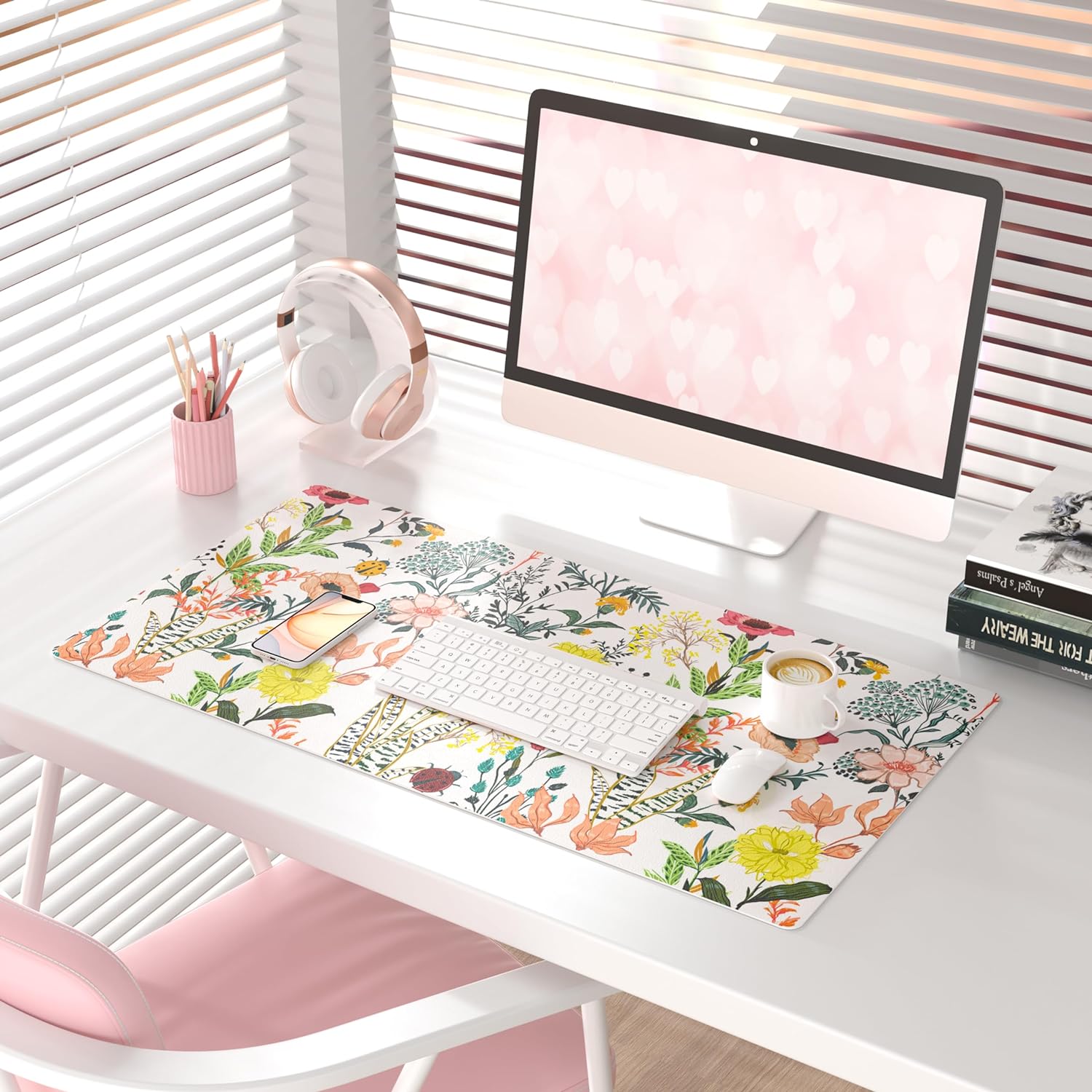 Large Mouse Pad for Desk, Cute Desk Mat for Desktop, Women Girls Floral Office Décor Desk Accessories, PU Leather Waterproof Big Gaming Mousepad, Flowers Desk Pad Computer Mat, 31.5" x 15.7"