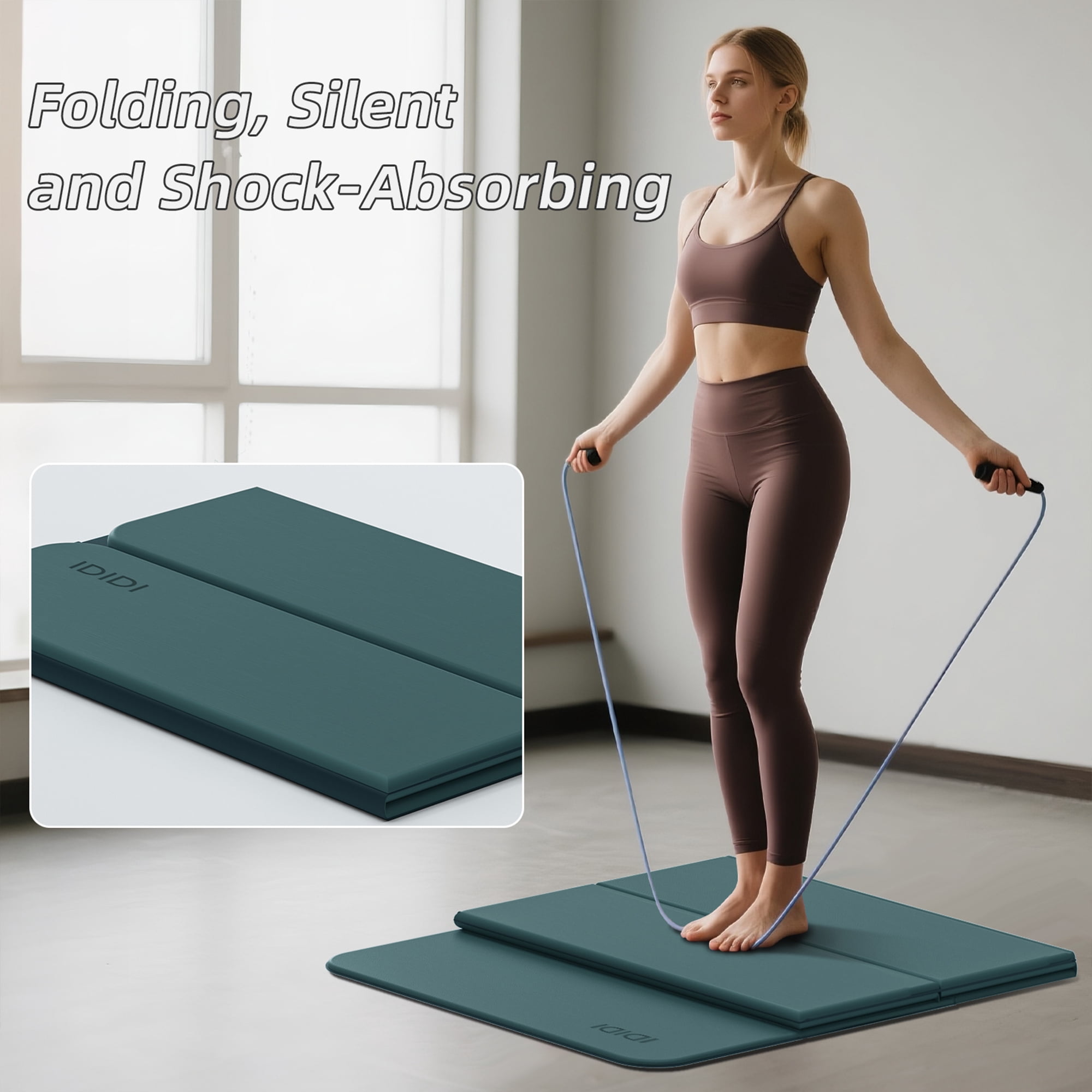 IDIDI Foldable Yoga Mat, 8mm Thick, Non Slip Exercise Mats For Home and Travel, Quick Unfold/Stor, Flat Lay No Curl Design(Green+Black)