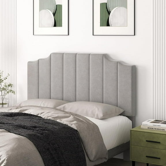Queen Size Headboard Only, Velvet Wall Mounted Headboard Queen Size for Adjustable Bed, Modern Vertical Channel Design with Curved Tufted Upholstered Head Board and Luxury Soft Padded, Gray