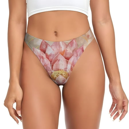 Qokaie Pink Lotus Printed Women s Cotton Thong Underwear  Sexy Breathable Panties G-string-4X-Large