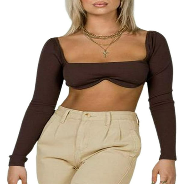 PENGXIANG Women's Rib Knit Crop Tops Long Sleeve Square Neck Solid Color  Stretchy Super-Short T-Shirts Bra Brown XL 