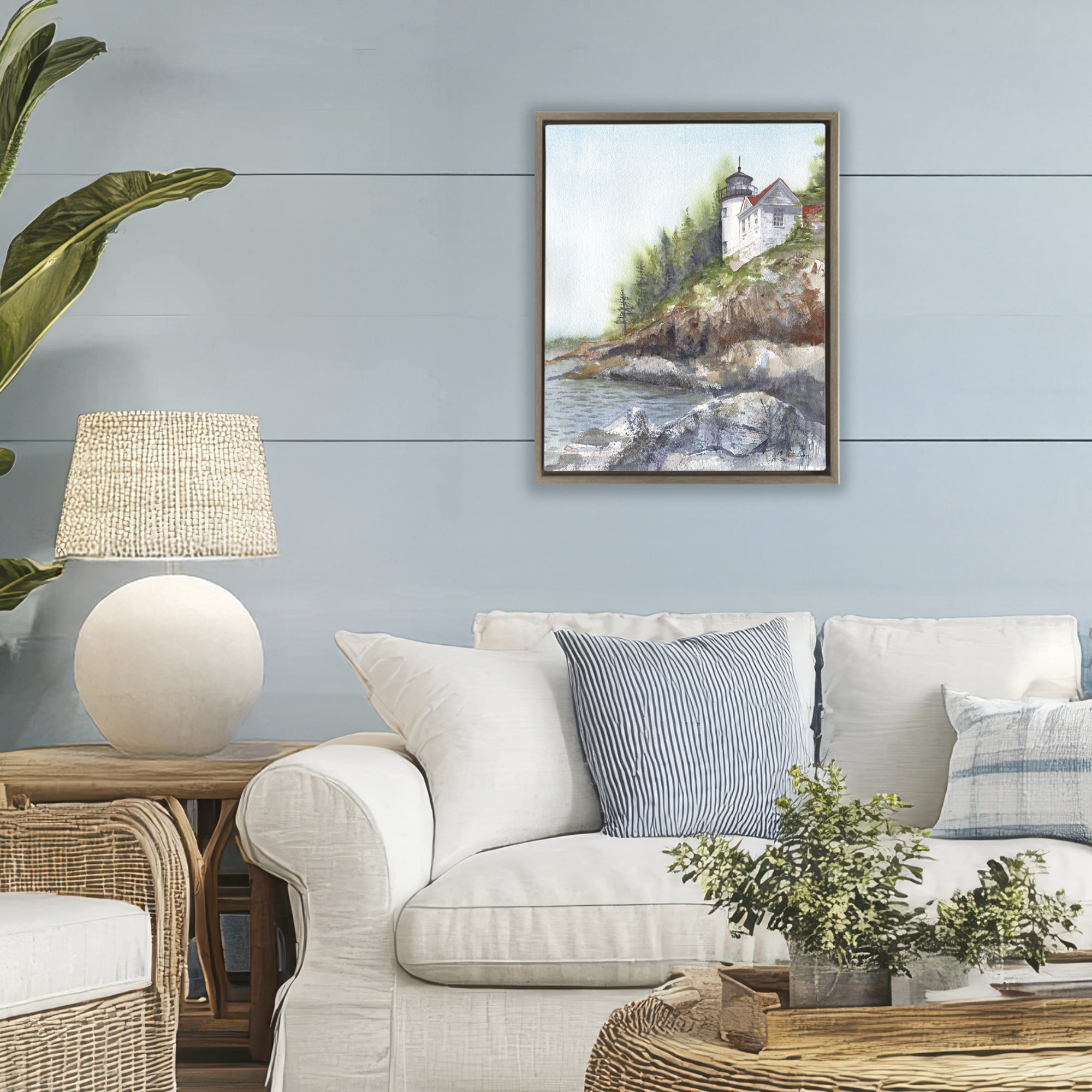 Stupell Industries Bass Harbor Lighthouse Brown Framed Floater Canvas Wall Art, design by Patti Bishop