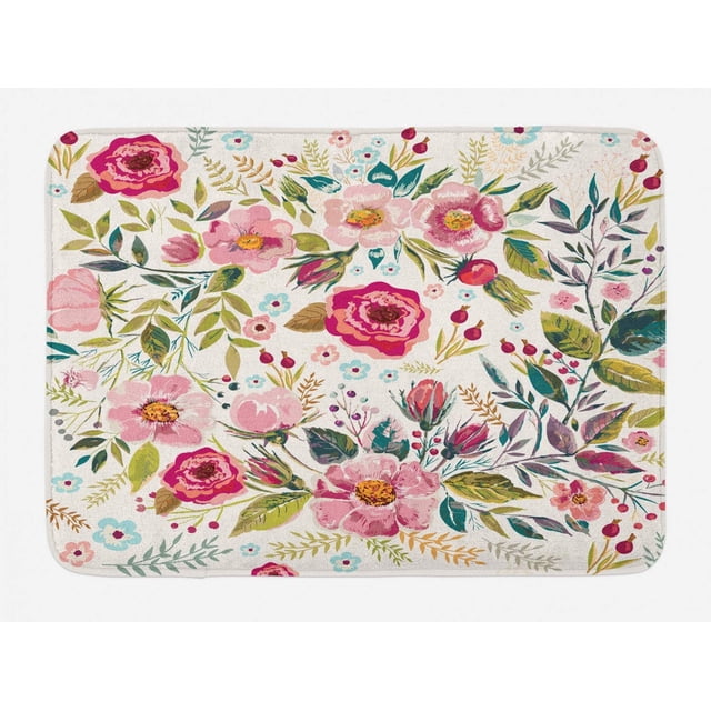 Floral Bath Mat, Shabby Form Flowers Roses Petals Dots Leaves Buds Spring Season Theme Image Artwork, Plush Bathroom Decor Mat with Non Slip Backing, 29.5" X 17.5", Magenta