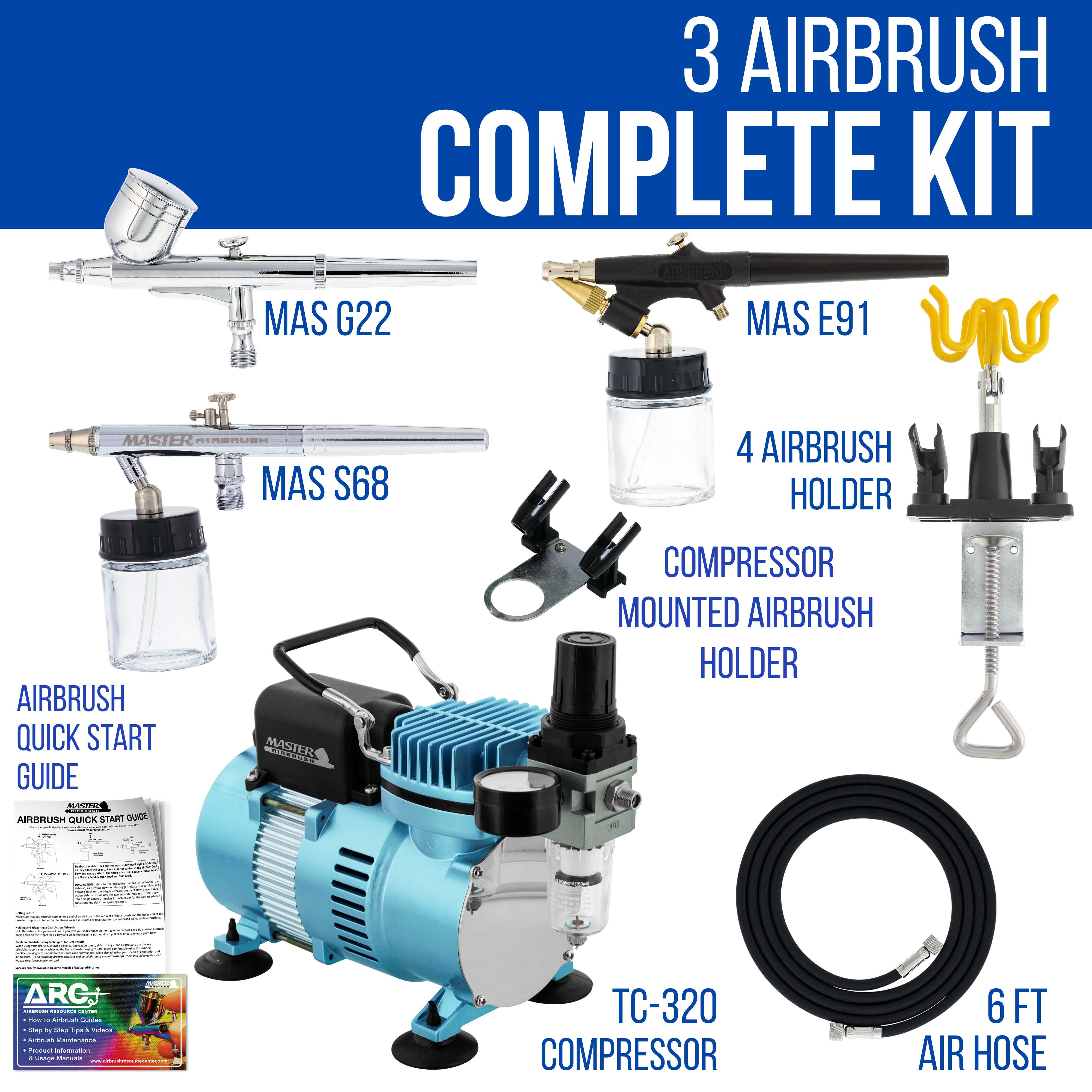 Multi-purpose Professional Airbrush Kit with 3 Dual-action Spray Airbrushes & Compressor & 6 Air Hose & Brush Holder Ta 