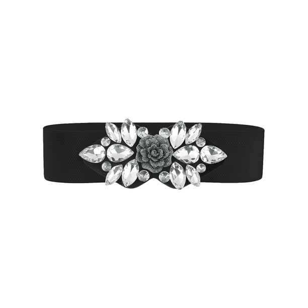 Cinturones elásticos para mujeres, banda de cintura de flores de rosa vintage elegante con rhinestones para vestido abrigo 80x6cm/31.5x2.4" banda negra-blanca