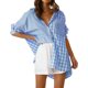 thumbnail image 3 of Camiseta De Gran Tamaño Camisa casual a cuadros para mujer Colorblock Camisa mezclada de algodón Blusas Traje de vacaciones Cgtredaw Azul S para Mujer, 3 of 7