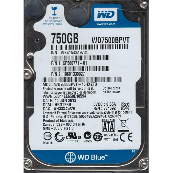 WD7500BPVT-16HXZT3, DCM HB0T2BB, Western Digital 750GB SATA 2.5 Hard Drive