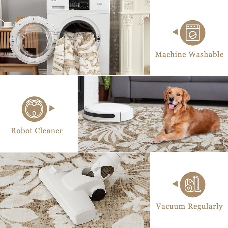 Washable 5x7 Area Rugs for Living Room Non-Slip Soft Modern Botanical Floral Rugs Accent Floor Carpet for Bedroom Dining Room Brown