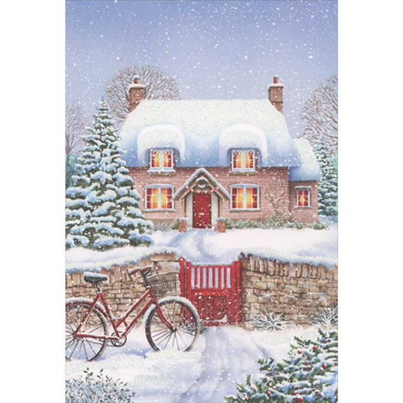 Pictura Red Bike in Front of Brick Wall and Snow Covered House Christmas Card