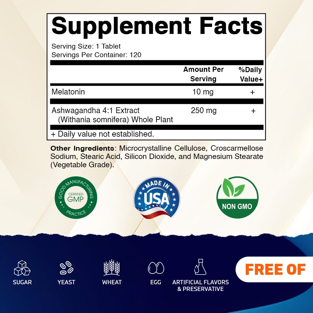 (3 pack) Vitamatic Melatonin 10mg with Ashwagandha 4:1 Extract 250 mg 120 Tablets