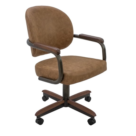 Chromcraft Swivel-Tilt Dining Chair with Casters, 1-Piece, PU Leather Upholstery with Wooden Arms and Metal Base