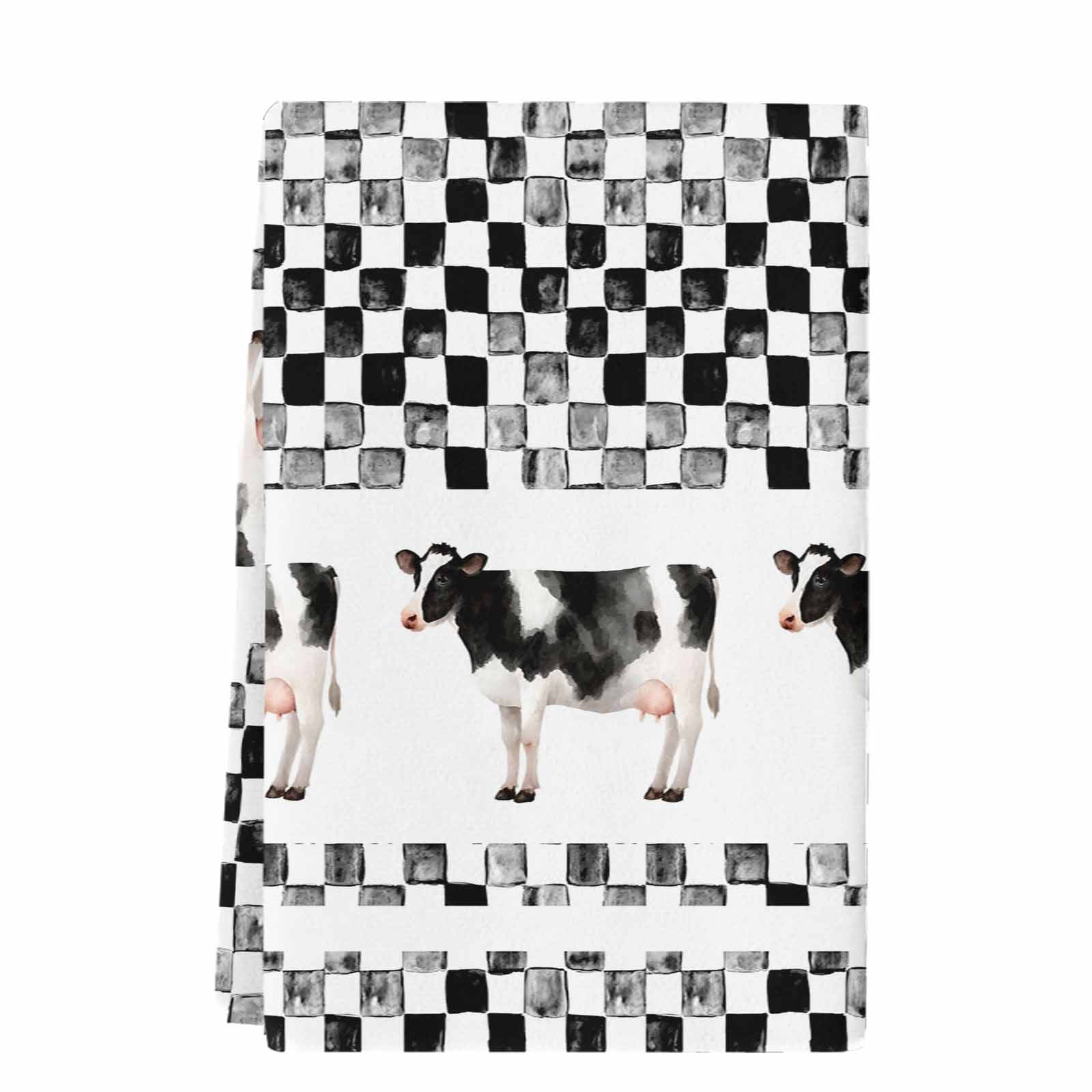 Black Plaid Farmhouse Kitchen Towels Set of 1, Watercolor Cute Country Cow Checkered Absorbent Dish Towels for Kitchen, Microfiber Hand Towel, Quick Drying Tea Towel for Cleaning Dishcloths