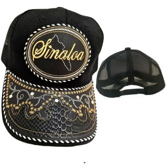 Gorra de Sinaloa Hat, Adjustable Unisex, Charro Style, Polyester/Acrylic, Embroidered Snake Skin Design in Black