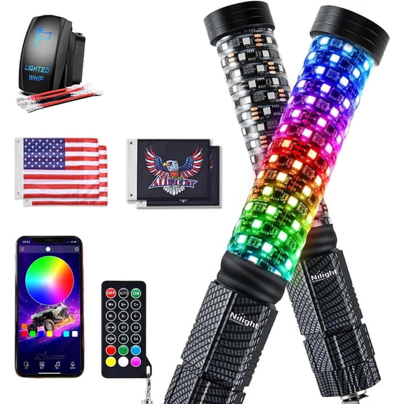 Nilight LED Fat Whip Light 2PCS 1FT RGB Lighted Antenna Whips with Remote & App Control DIY Chasing Patterns Brake Reverse Turn Lights for ATV UTV Polaris RZR Can-am Dune Buggy Pickup Trucks Jeep