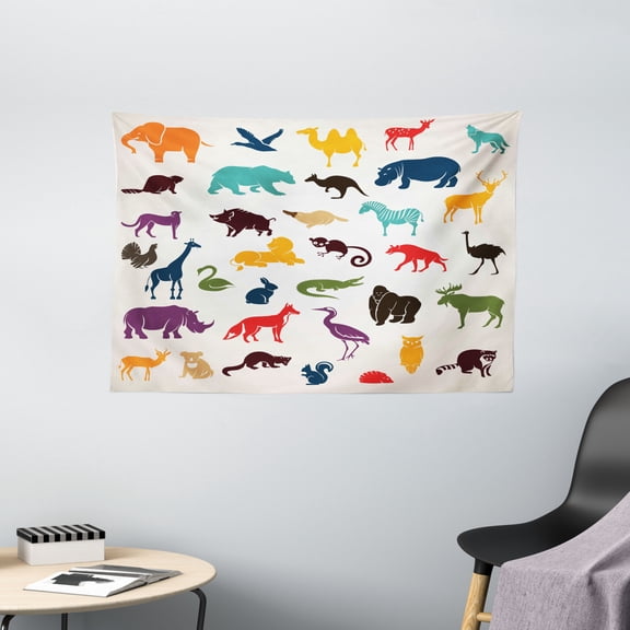 Zoo Tapestry, Big Set of African and European Animals Silhouettes in Cartoon Style Safari Wildlife, Wall Hanging for Bedroom Living Room Dorm Decor, 60W X 40L Inches, Multicolor, by Ambesonne