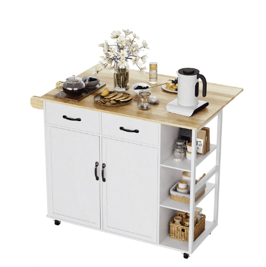 Ataucjin Kitchen Island with Wood Top and Drop Leaf Breakfast Bar Mobile Cart with 2 Door Cabinet,2 Storage Drawers,Spice Rack Towel Holder,Wine-Rack,Foldable Rubberwood Table Top,White