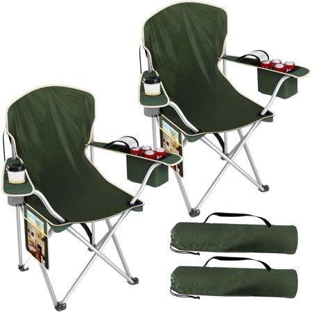 WDZS 2-Pack Folding Camping Chairs Durable 600D Oxford Portable Outdoor Chair with Cooler Pouch Cup Holder & Storage Pocket for Camping Beach Fishing Green