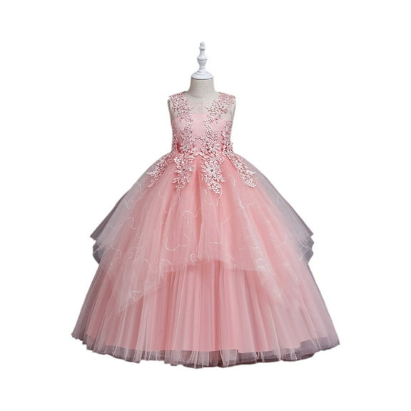 Flower Girl Dress Elegant Lace Applique Tulle Ball Gown Sleeveless Formal Princess Party Gown for Wedding Birthday Pageant Performance