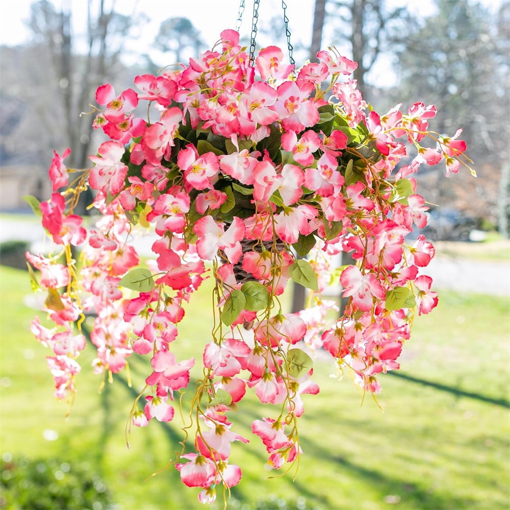 Duslogis 4 Pcs Fake Hibiscus Artificial Hanging Flowers Plants for Outdoors Spring Decor,Silk Hibiscus Vines Realistic UV Resistant Faux Flowers for Porch Patio Yard Home Wedding Party,Pink