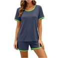 thumbnail image 3 of Pajamas for Women Set Dqueduo Women's Solid Color Crew Neck Short Sleeve Top & Shorts Pajama Set – Contrast Piping Loungewear, 3 of 7