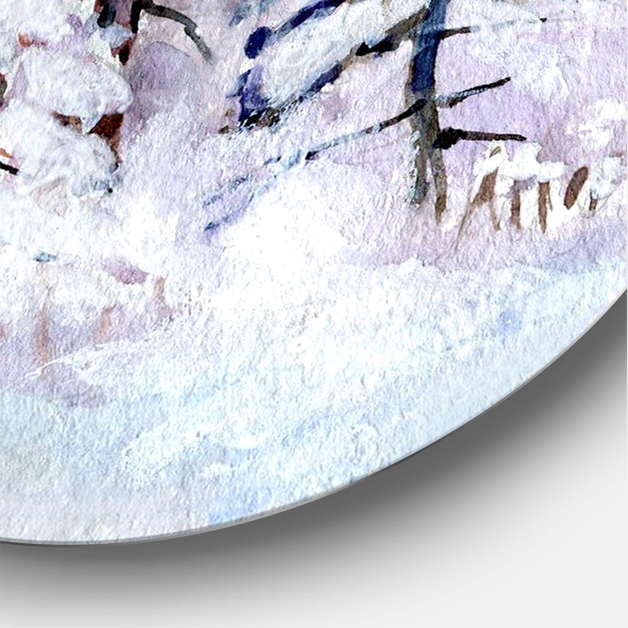 Designart 'The Lake With Winter Snowy Forest' Lake House Circle Metal Wall Art 36x36 - Disc of 36