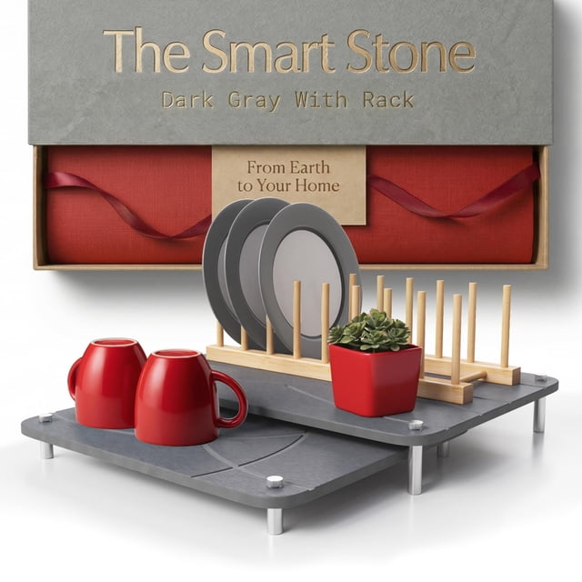 Set de 2 Tapetes de Secado de Piedra FEDBB con Soporte de Bambú Gris Oscuro