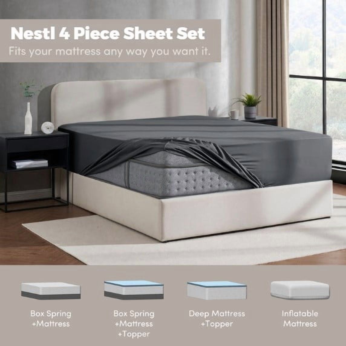 Nestl Queen Sheet Set, 4-Piece Microfiber, Gray photo 4