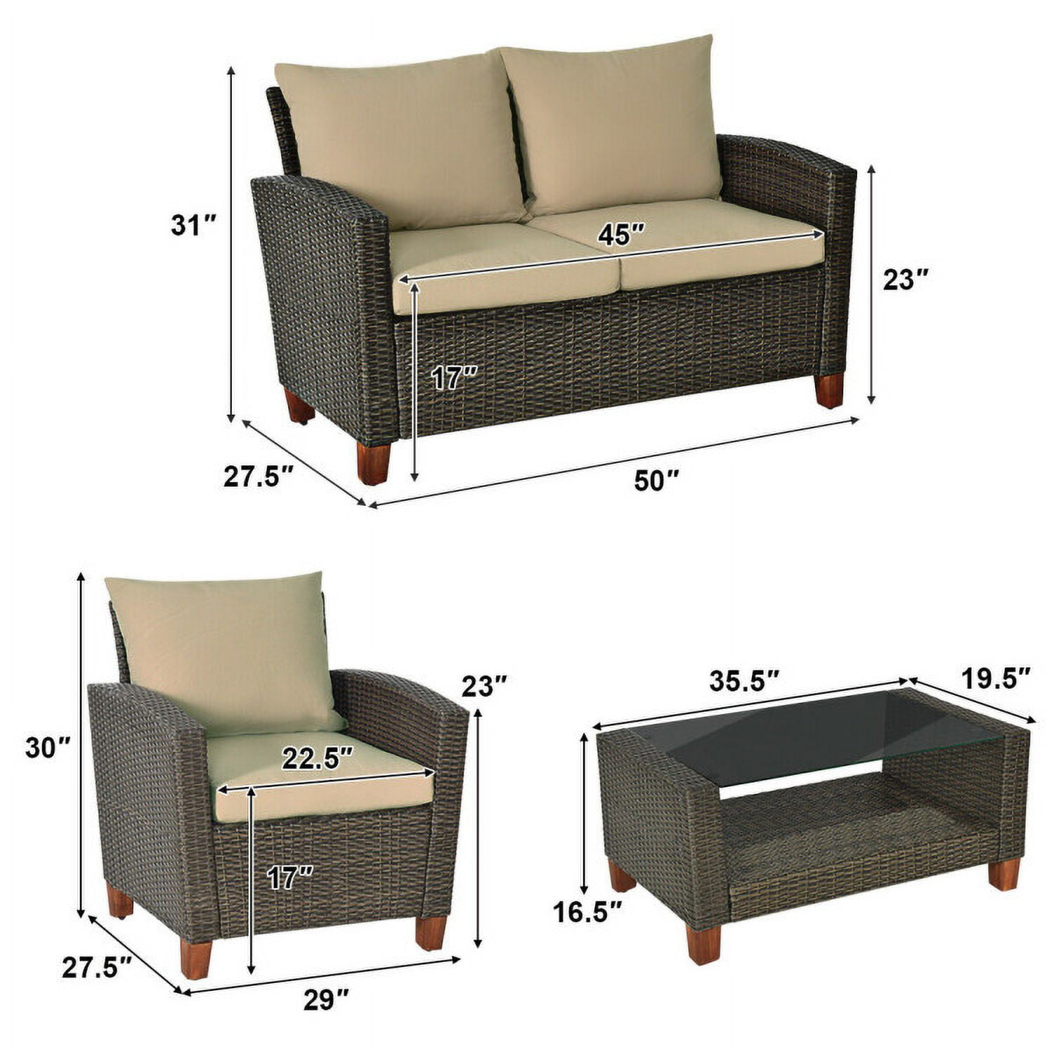 Aimee Lii 4 Pieces Patio Rattan Furniture Set with Cushions, Modern Patio Furniture Aimee Lii 4 Pieces Patio Rattan Furniture Set with Cushions, Modern Patio Furniture