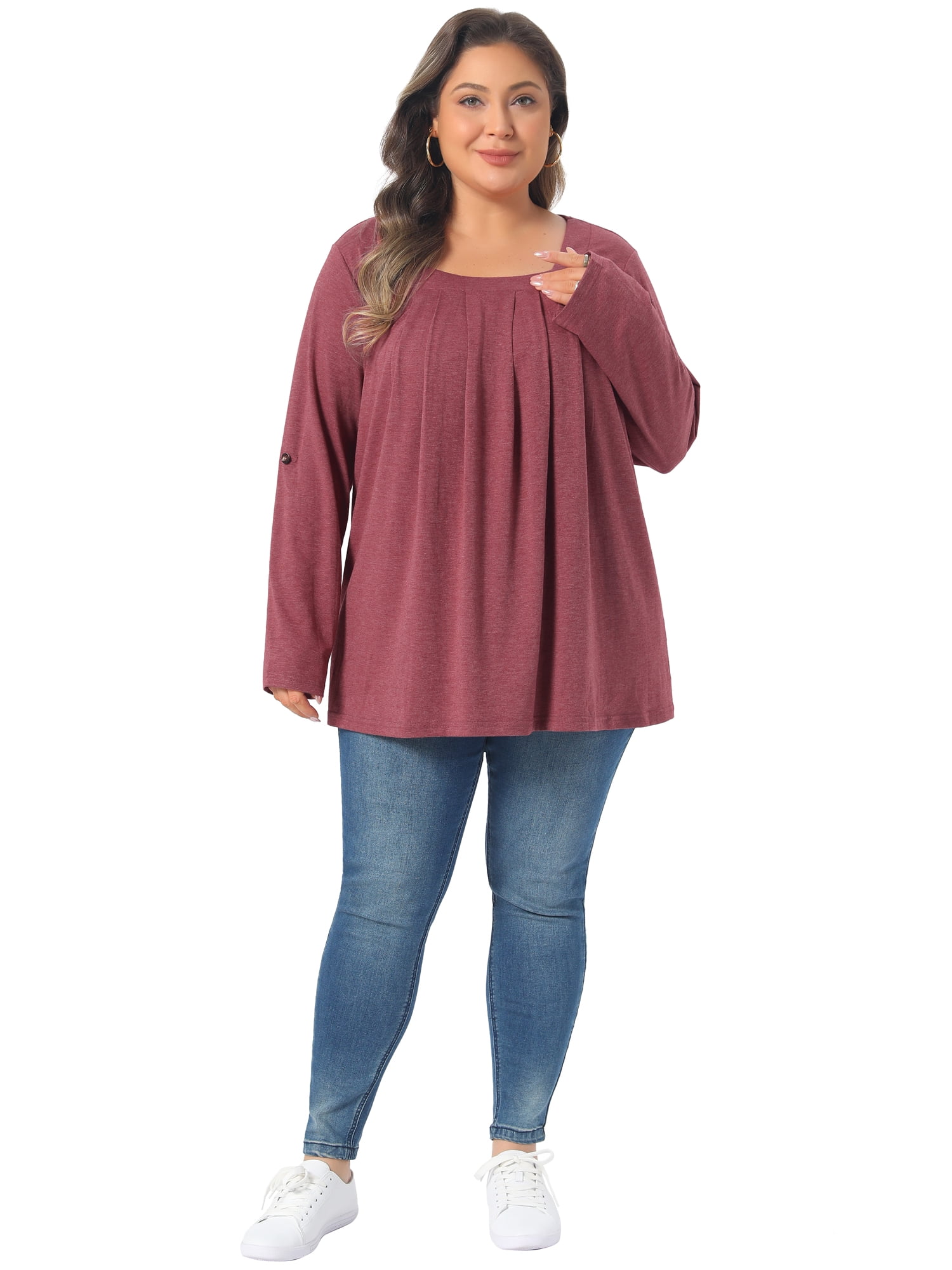 DARING DIVA Women's Plus Long Sleeves Square Neck Flowy Pleated Top 1X Burgundy