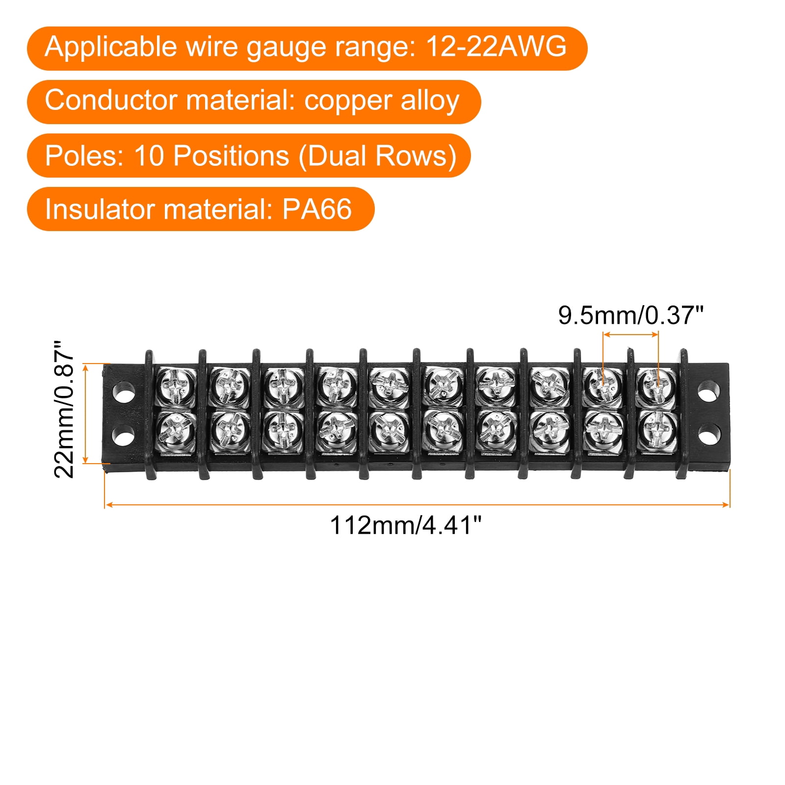 6 Pcs 10 Positions Terminal Block 300V 20A 9.5mm Pitch Dual Rows 10 Circuits DIN Row Screw Terminals Strip