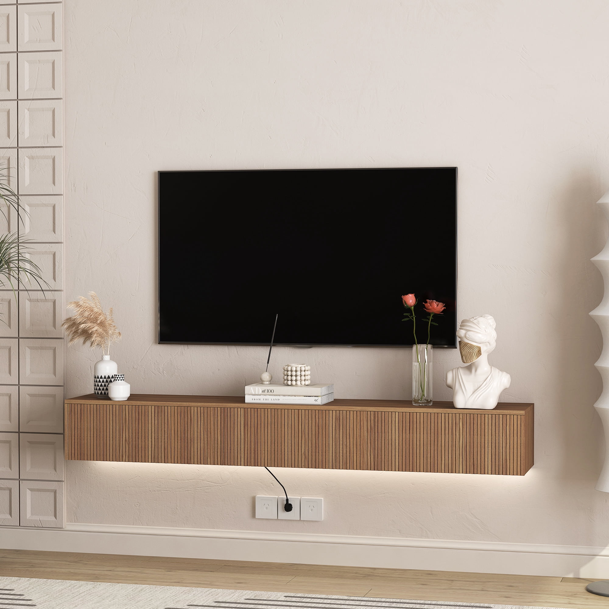 Aukfa Modern Floating TV Stand Wall Mounted for TVs up to 70 with 16 Color LEDs, Walnut