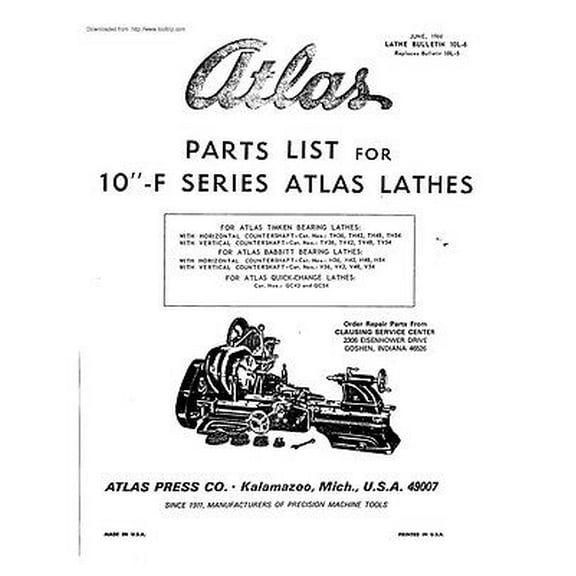 Instruction Manual ONLY for Atlas 10F Series 10" Lathes-Parts List Instructions REPRINT