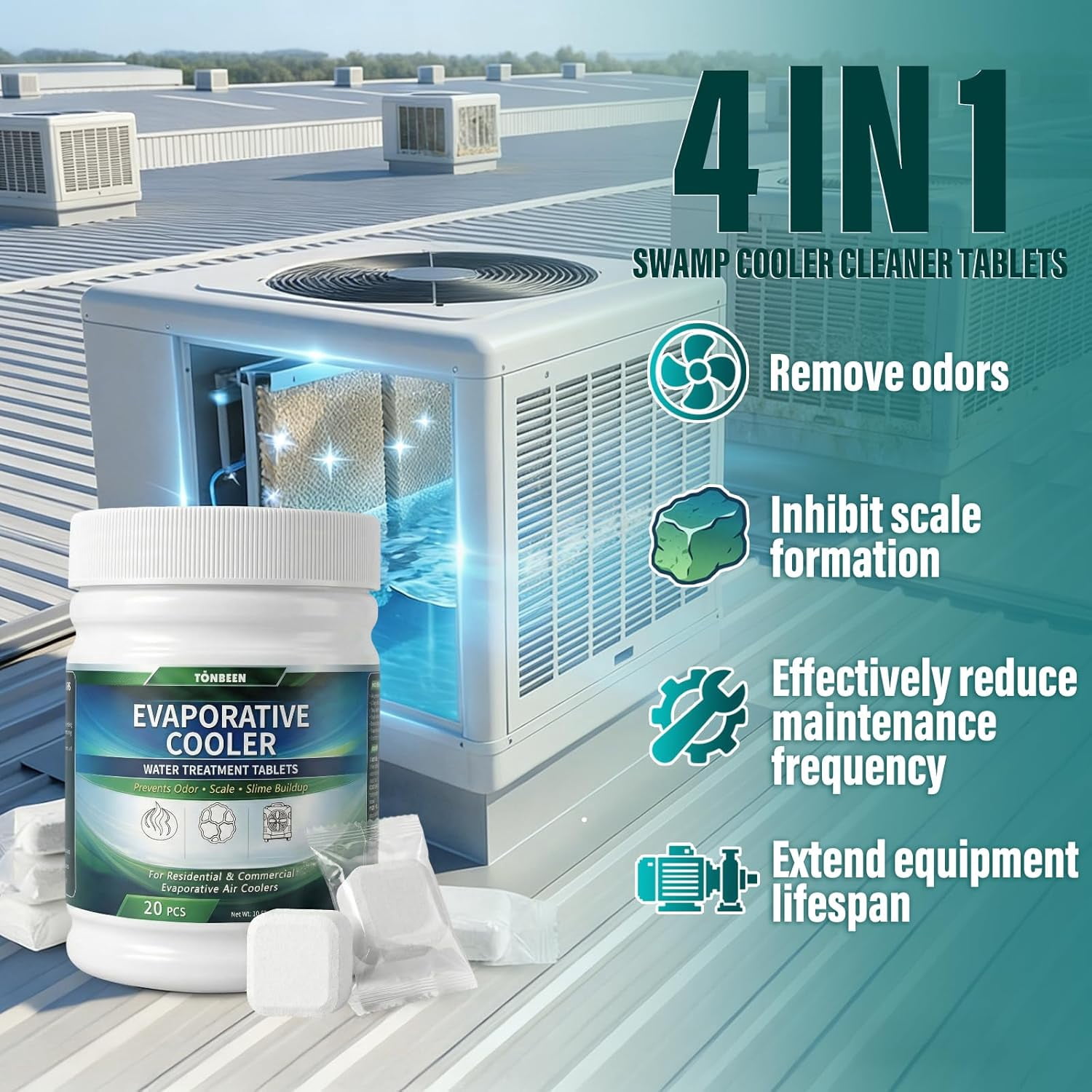 Swamp Cooler Tablets for Evaporative Coolers | Water Stain Cleaning, Odor Control, Scale Prevention & System Maintenance 20 pcs