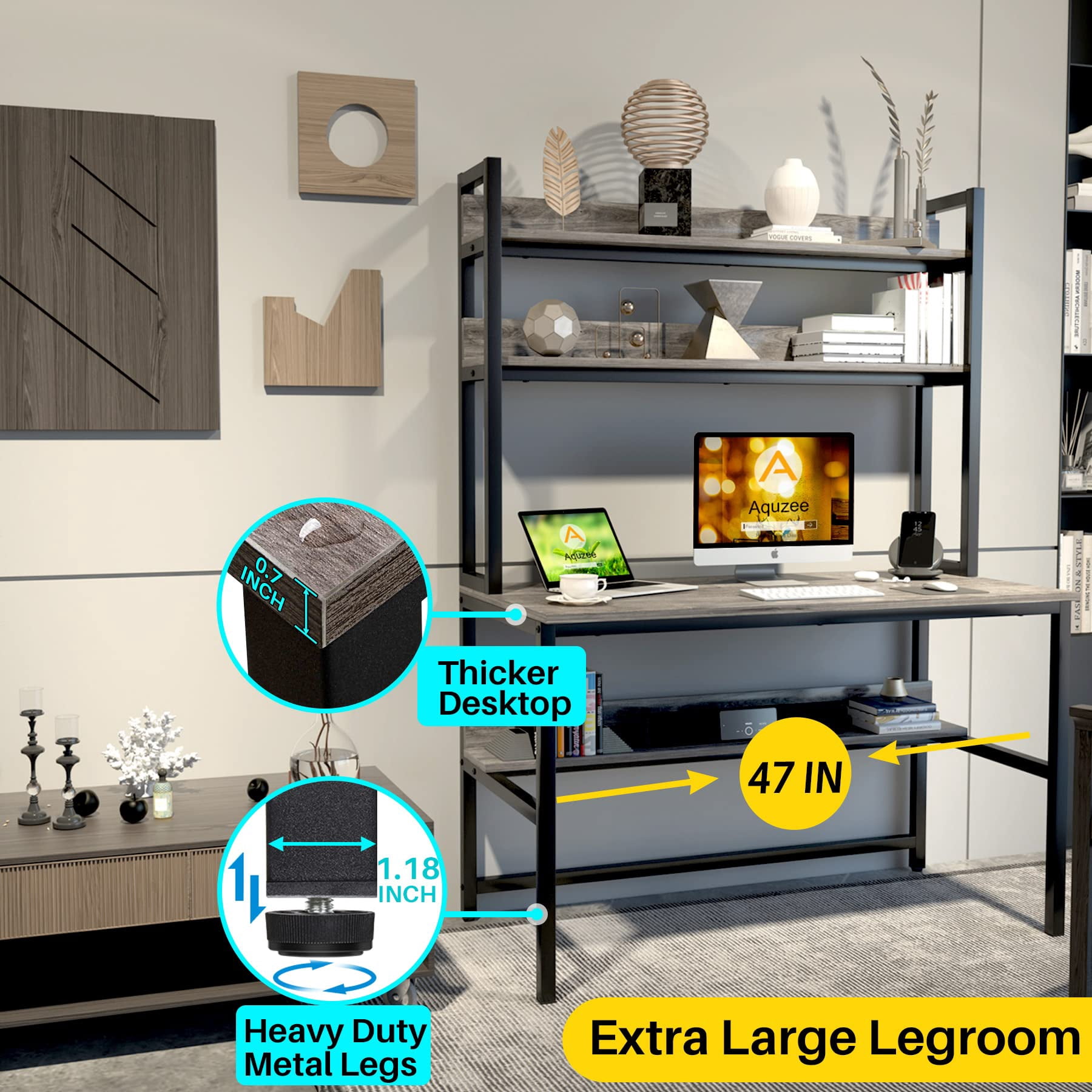 Aquzee Desk with Hutch Bookshelves, Computer Desk with 3 Tiers Storage Shelves, Space Saving Design Black Metal Legs Desk with Grey Board